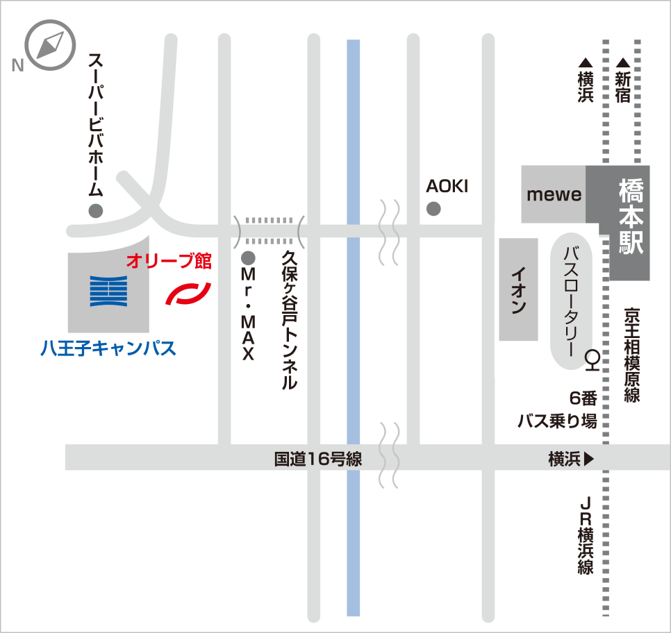 地図上の店舗と駅の配置、北を指すコンパスマーク付き。